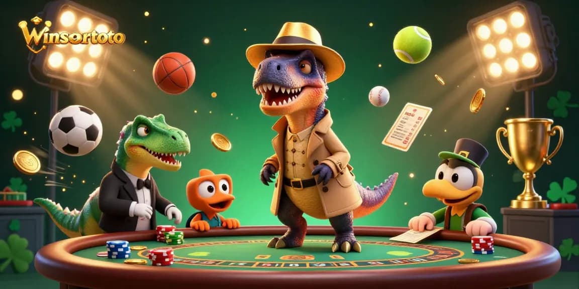 Menyaksikan kemenangan di winsortoto dengan velociraptor penjudi dan stegosaurus boss kasino.