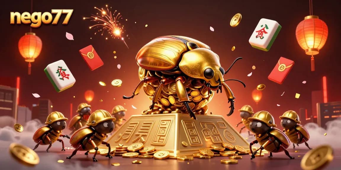Engage with nego77's vibrant scene featuring a golden dung beetle amidst casino symbols for an exciting gaming experience.