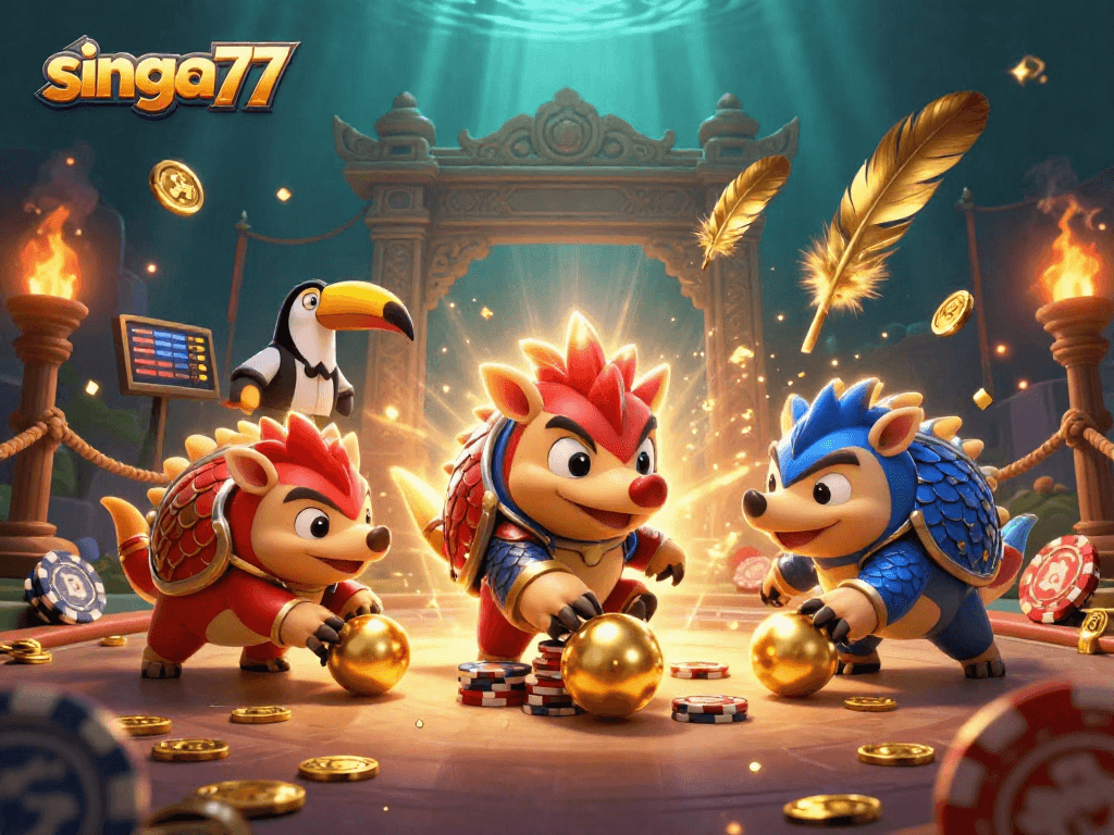 Singa77 engages players in a lively 3D casino battle between rival pangolins, set amidst sparkling gaming elements.