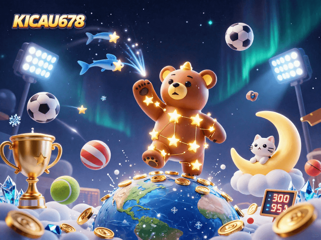 KICAU678 captures a vibrant casino scene with our constellation bear scooping gold coins while dynamic sports elements surround.