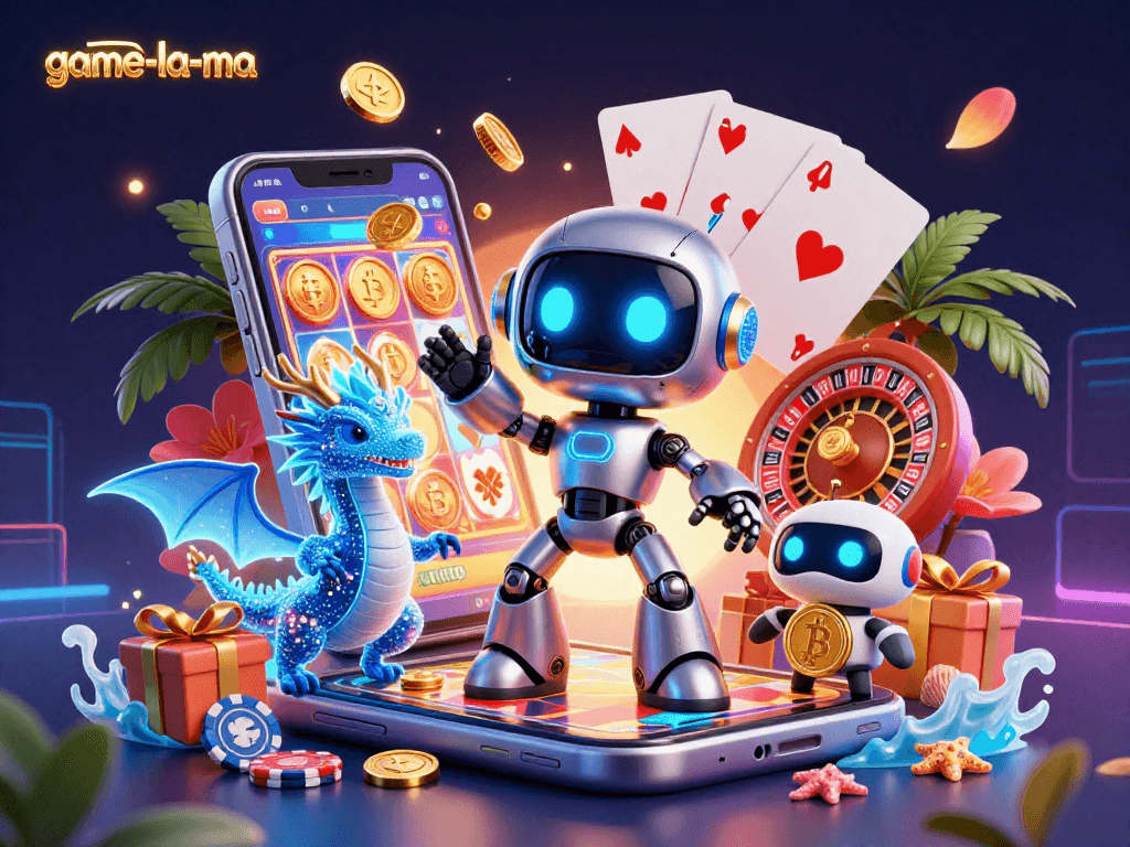 Engage in thrilling slot action with game-la-ma's vibrant 3D illustration featuring a cyberpunk robot and casino elements.
