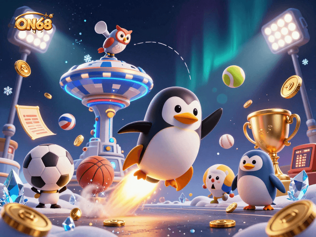 Experience exhilarating gaming at ON68 with vibrant 3D visuals of a golden penguin soaring to a poker chip casino.