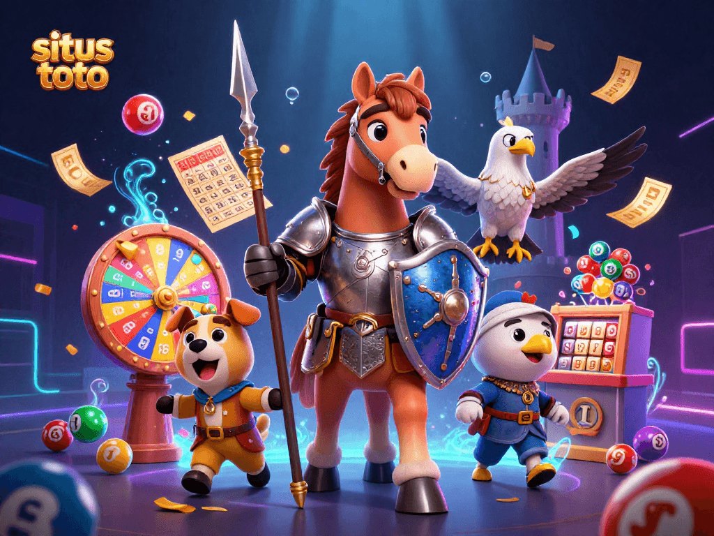 Visualisasi menarik situs toto dengan karakter kuda ksatria dan bola lotere berwarna-warni.