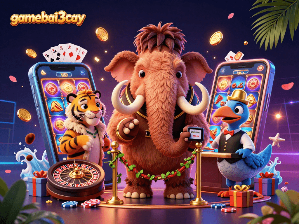 Experience the thrill of gamebai3cay with a vibrant 3D illustration featuring casino characters and games.