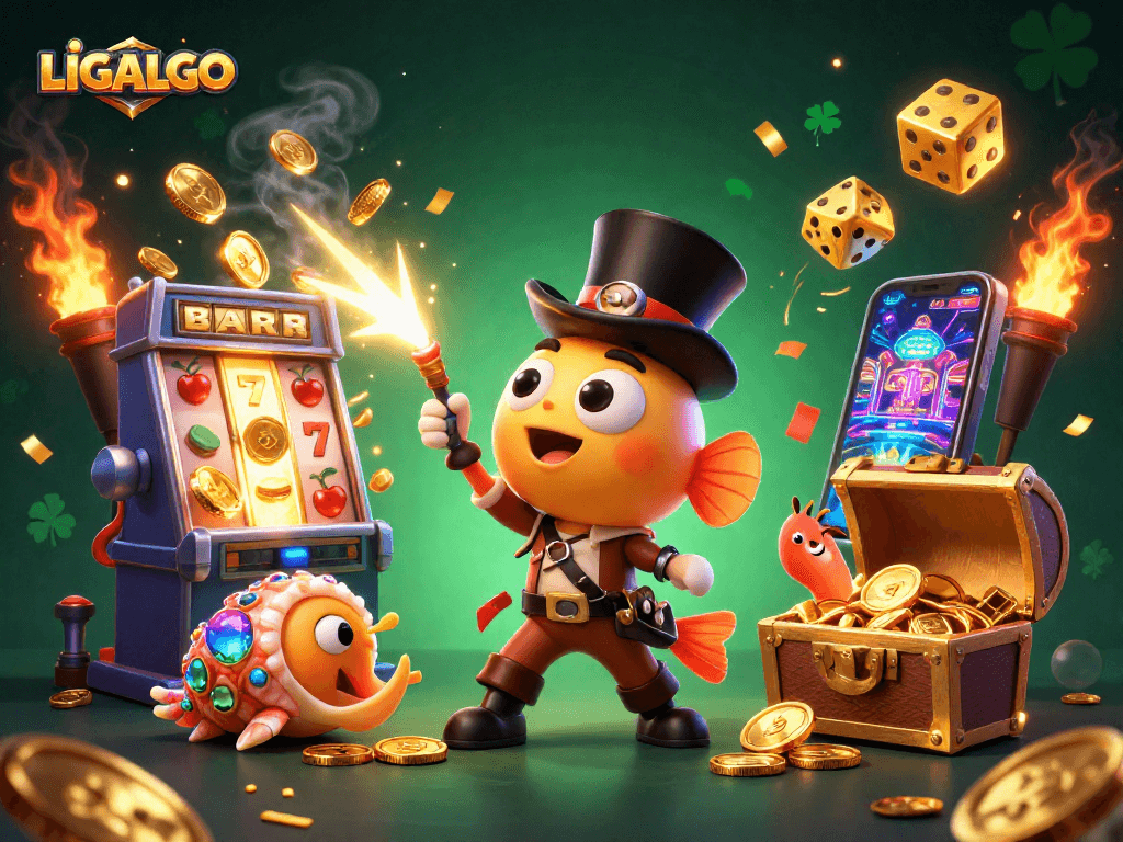 LIGALGO showcases a thrilling casino scene with an anglerfish, shrimp, and snail amidst slot machines and gold coins.