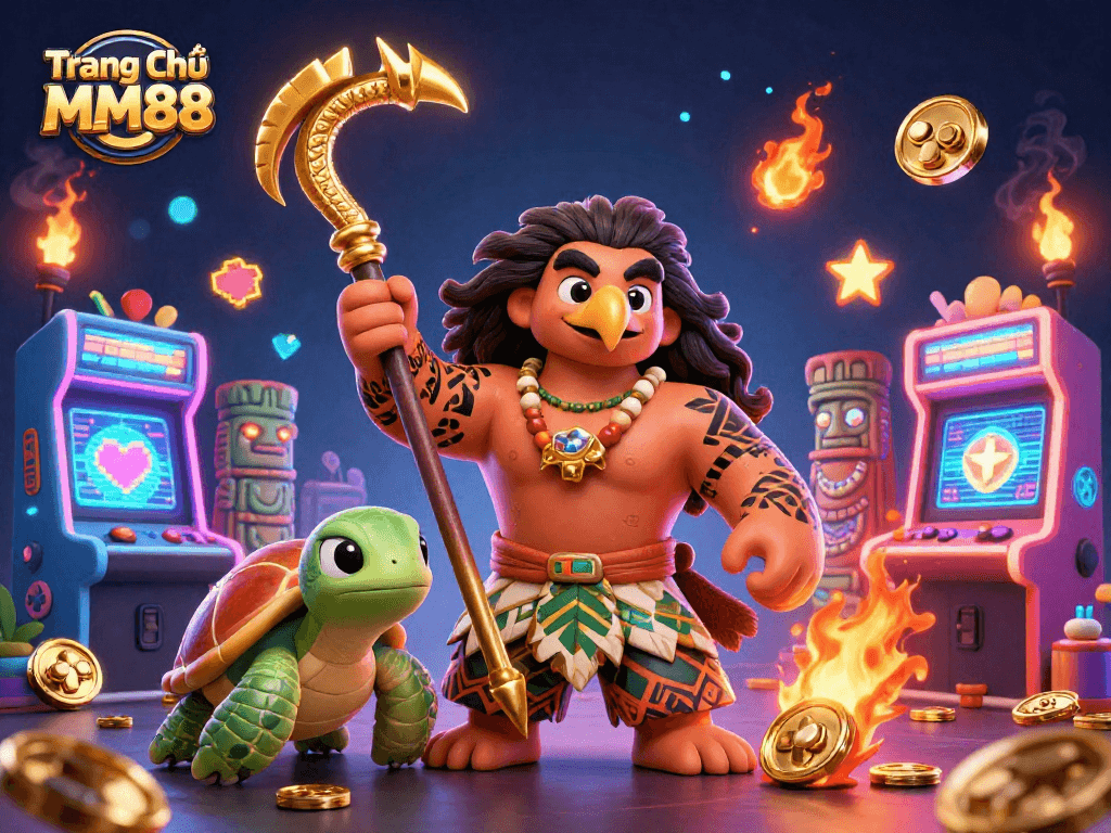 Experience Trang Chủ MM88's vibrant 3D gaming world with our cartoon hawk and turtle in action.