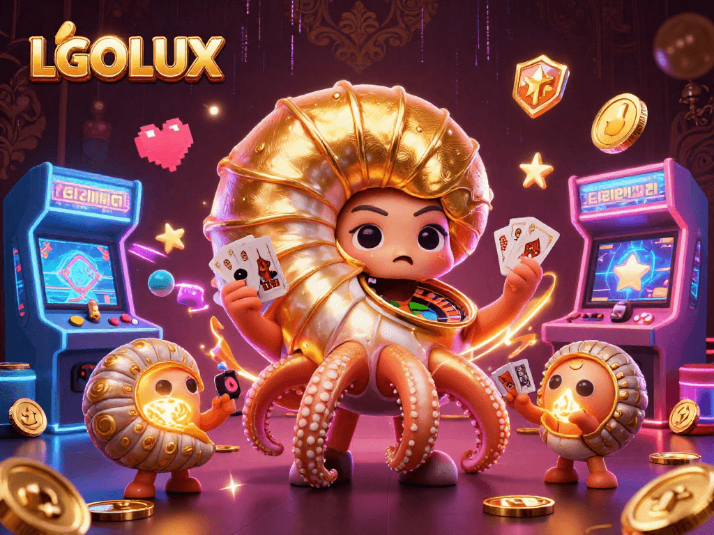 Engage with LGOLUX's vibrant casino scene featuring ancient nautilus and glowing ammonite companions.