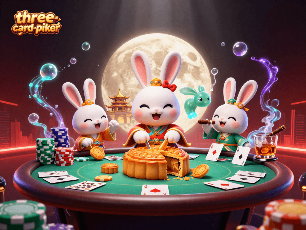 Experience three-card-poker action with whimsical characters revealing hidden poker chips.