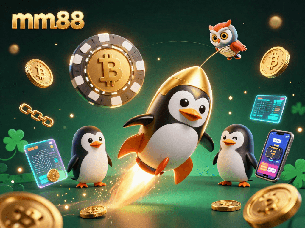 Experience the excitement of mm88 with a golden penguin journeying to a casino space station.