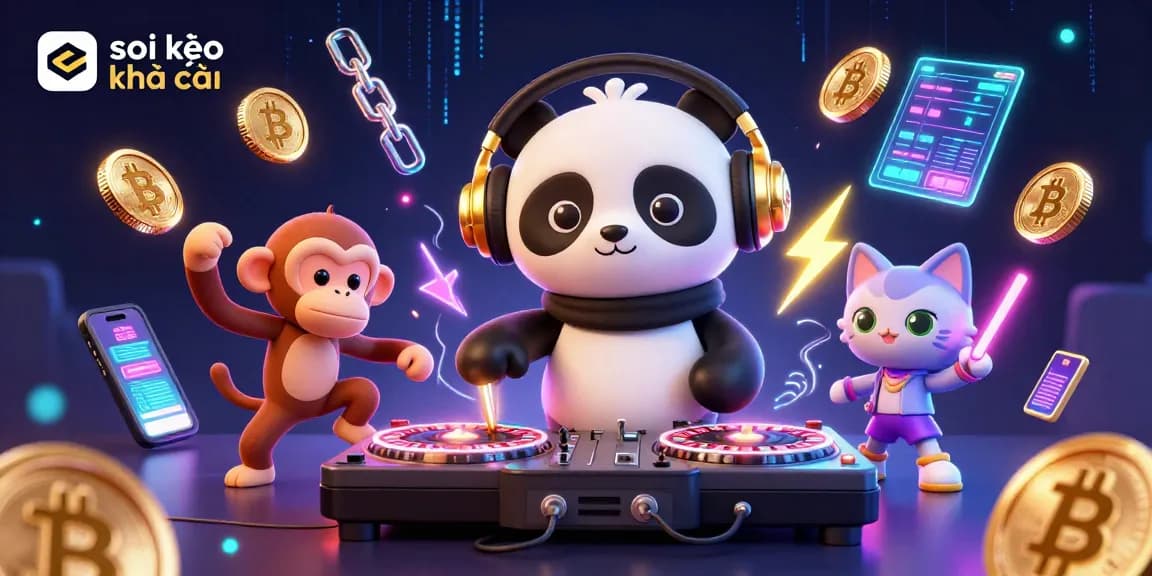 Bet confidently with soi kèo nhà cái in this vibrant scene of Panda DJ and animated characters.
