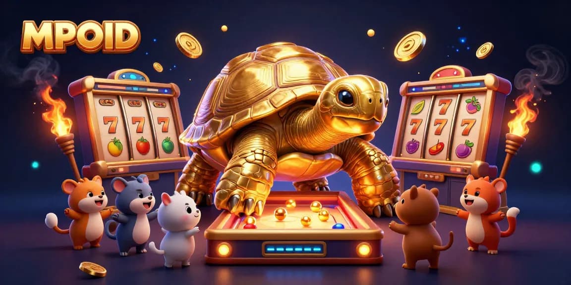 MPOID slots feature a colossal tortoise pinball and exciting animal players in a vibrant casino scene.