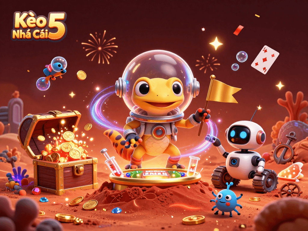 Kèo Nhà Cái 5 showcases a Martian gecko exploring a hidden casino with rich gaming treasures.
