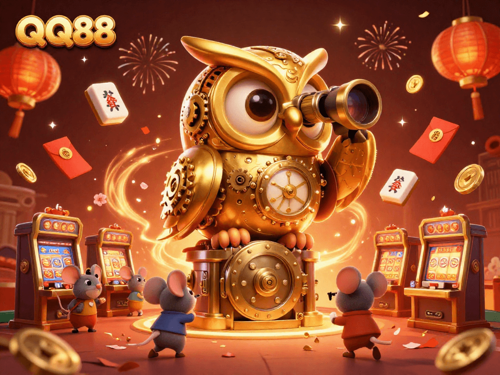 Engage with QQ88's thrilling gaming environment, featuring an owl, mice, and gold elements.