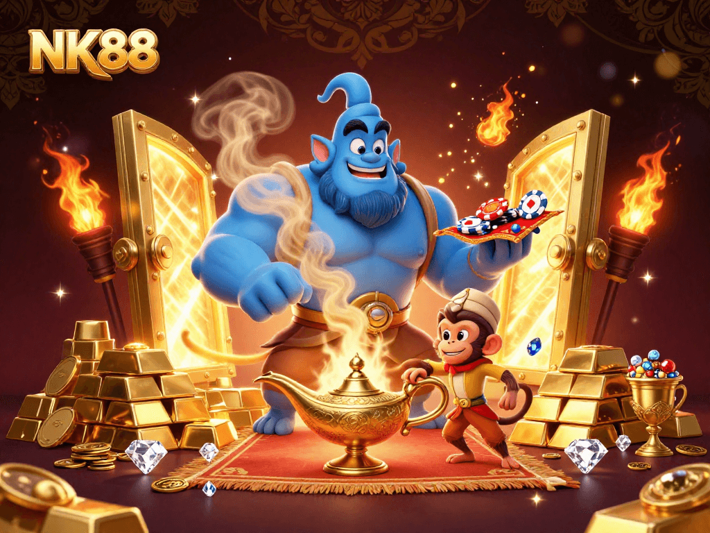 Engage in big wins at NK88 with a genie and treasure-filled casino adventure.