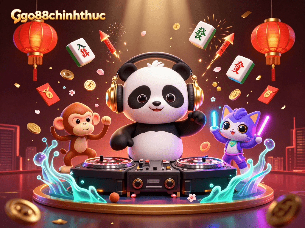 Engage with go88chinhthuc in a vibrant 3D casino scene featuring a DJ panda and festive elements.