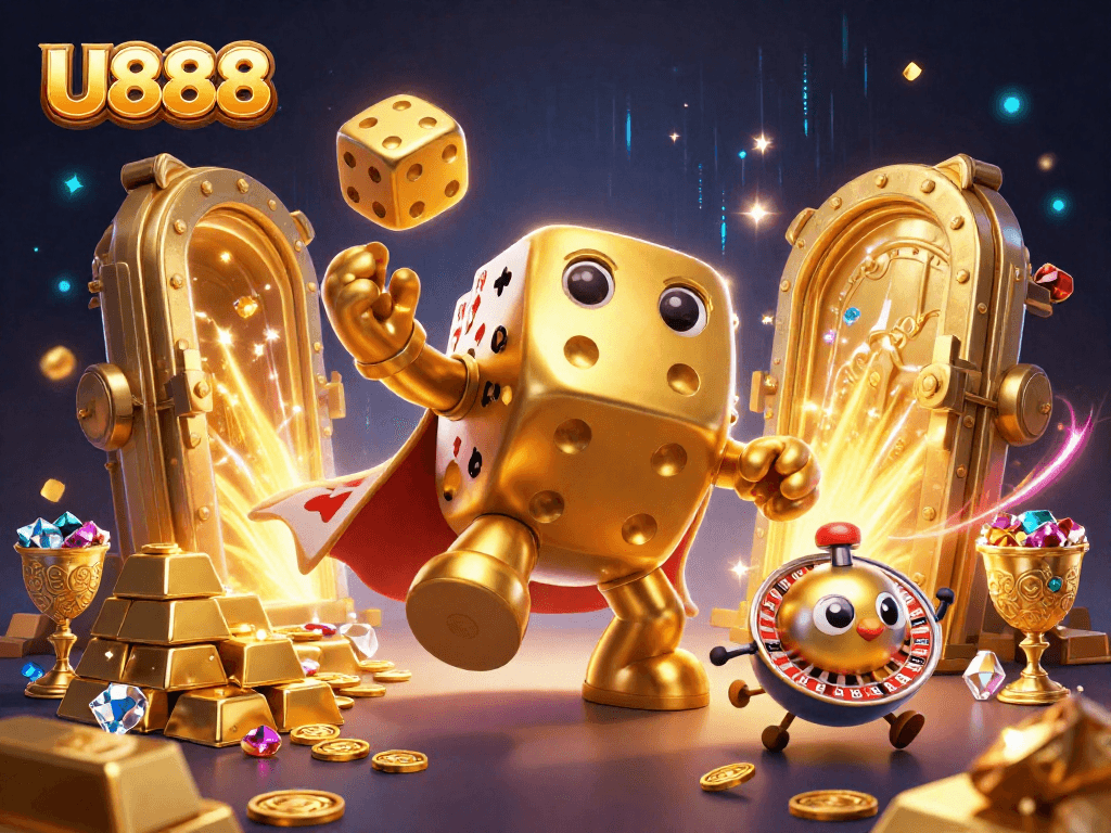 Experience thrilling gameplay with U888's vibrant 3D casino illustration featuring golden dice and treasures.