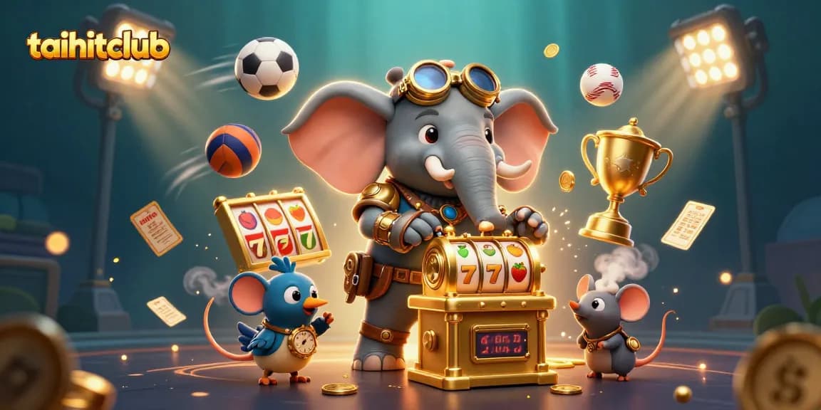 Spin the reels at taihitclub with a whimsical steampunk elephant, celebrating wins with golden coins and vibrant sports elements.