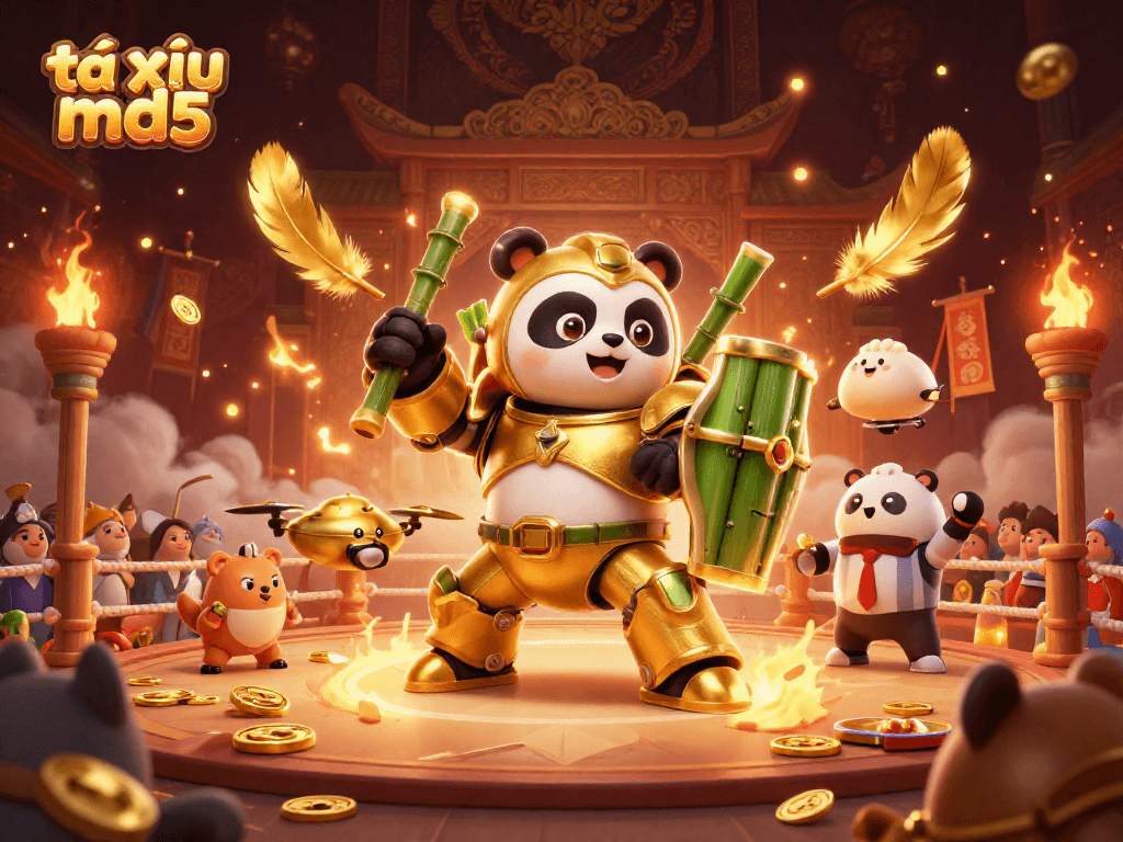 Engage in thrilling gameplay with tài xỉu md5 in a dynamic arena featuring cartoon warriors and vibrant casino elements.