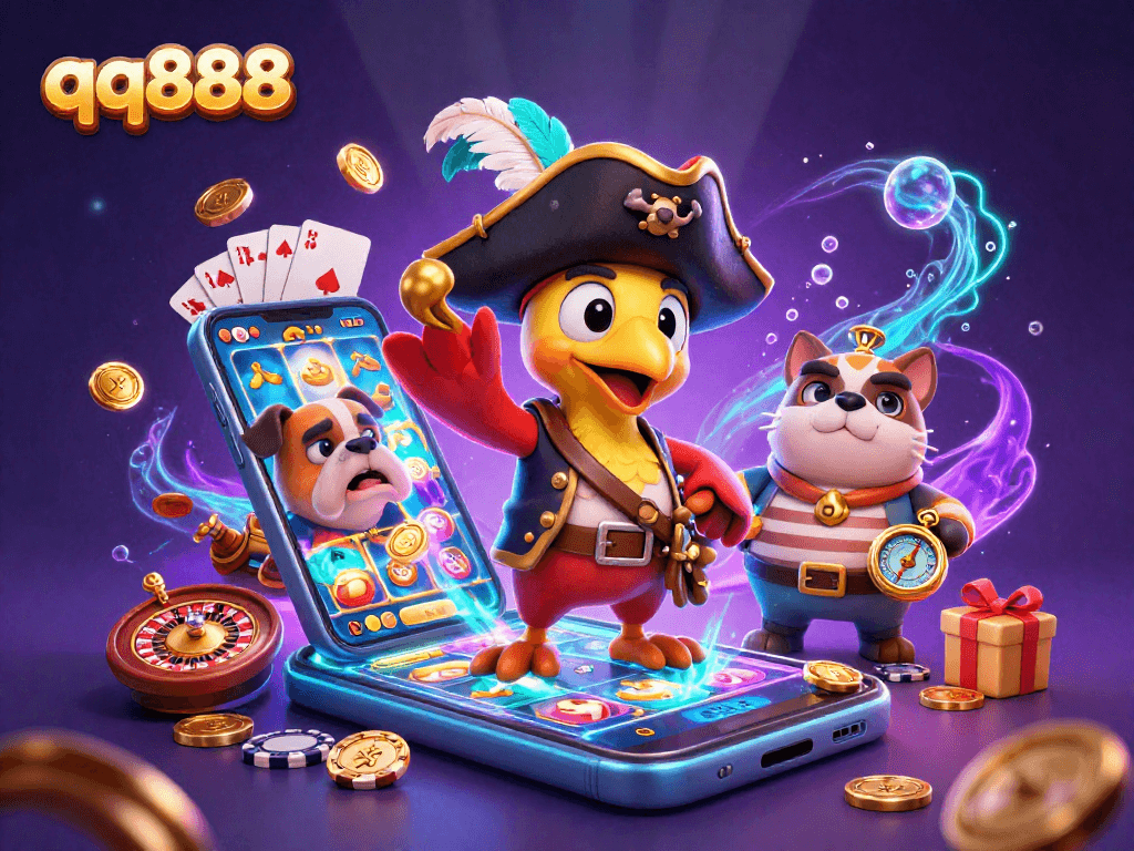 Experience the thrill of qq888 with this vibrant casino illustration showcasing 3D cartoon characters amidst dynamic gambling elements.