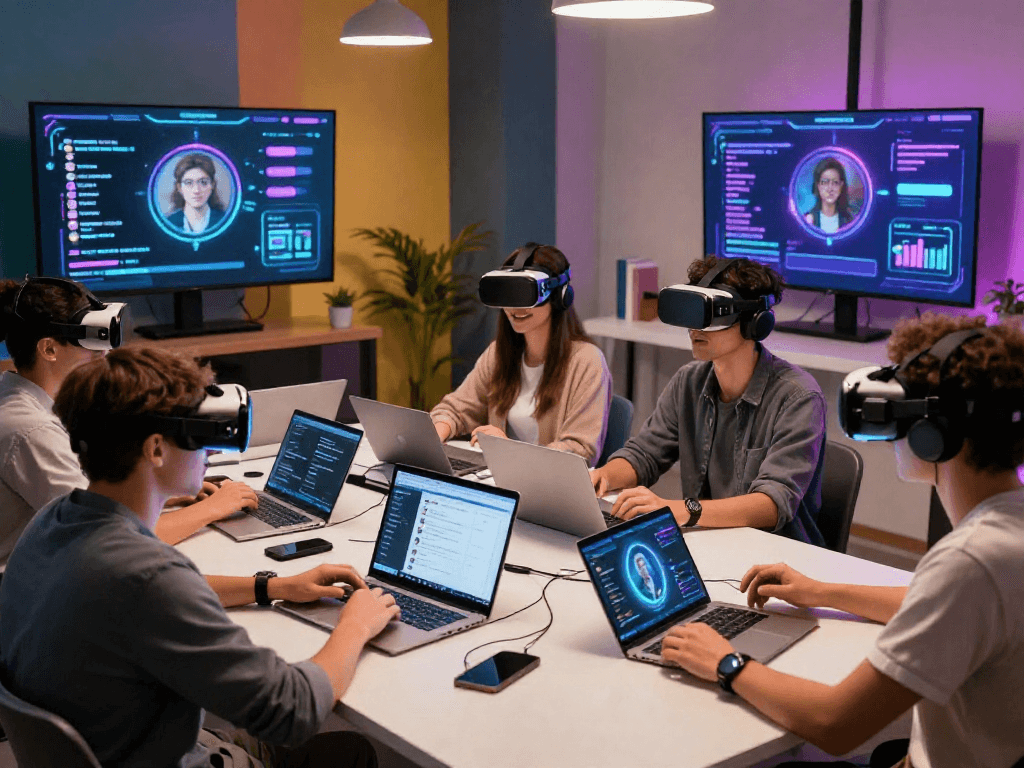 Engaging scene of young adults exploring ai porn chat technology in a vibrant digital studio