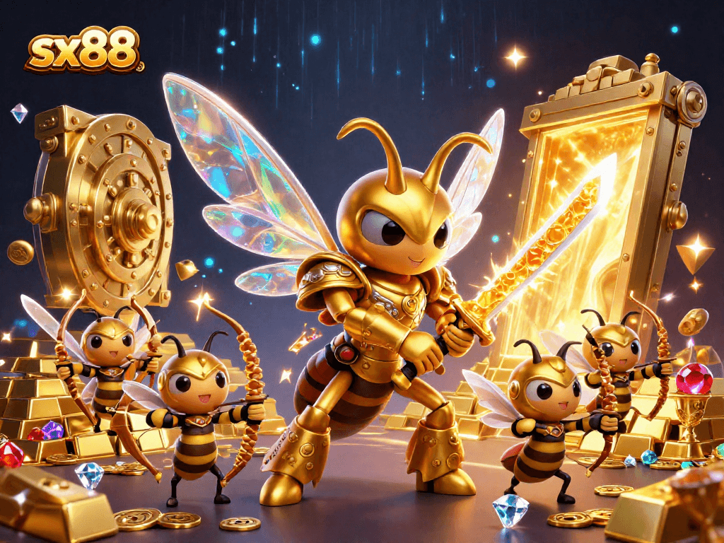 SX88 offers an exciting gambling experience with golden hornets and treasure in a vibrant casino illustration.