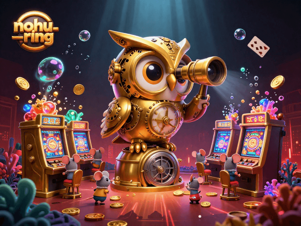 Nohiring players enjoy a vibrant 3D casino with golden owl and colorful gems.
