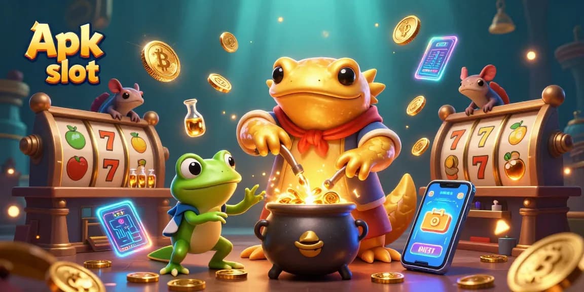 Slot generator Apk slot yang menarik dengan alkemis dan koin emas bersinar.
