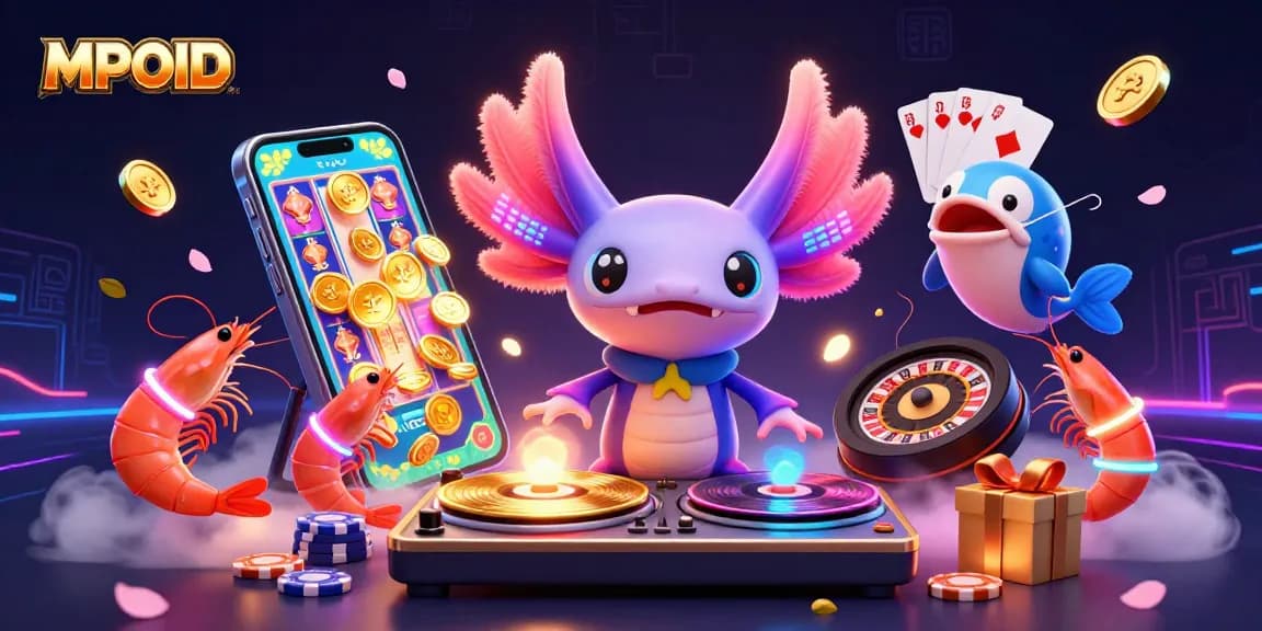 MPOID showcases a vibrant scene with an axolotl DJ and lively ocean-themed gambling elements.