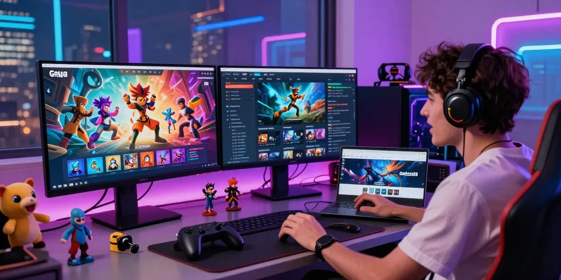 Gamer exploring gacha168 collectibles and gaming culture on dual monitors in a vibrant atmosphere.