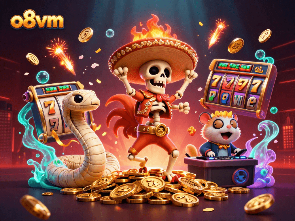 Join the celebration with the lively o8vm skeleton and friends in a dynamic casino-themed illustration.