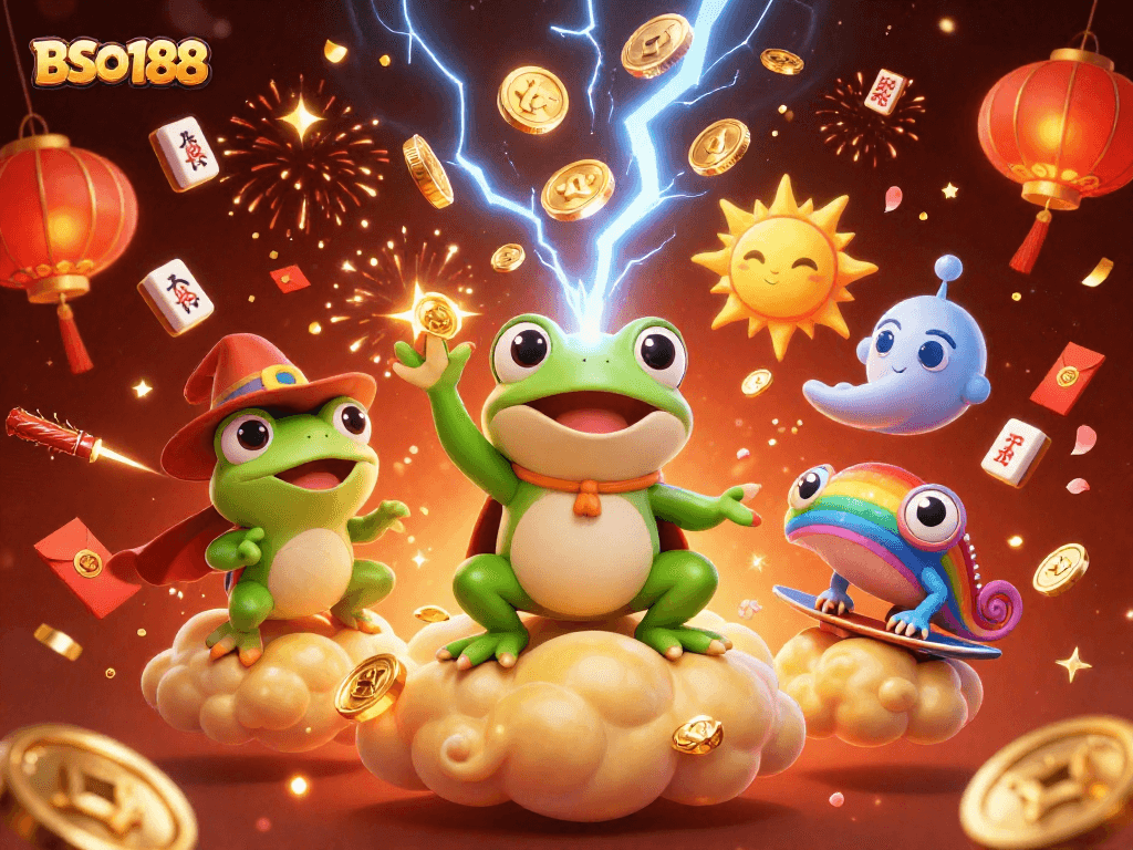 Join the excitement of BSO188 with a vibrant illustration of a magical casino scene filled with lucky charms and joyful spirits.