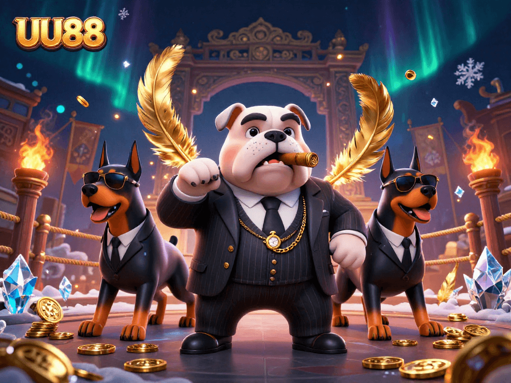 Experience thrilling gambling with UU88 featuring a mafia bulldog and dynamic casino elements.