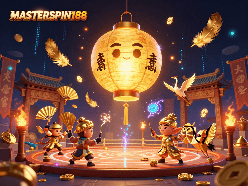 Engage with the vibrant MASTERSPIN188 scene showcasing a golden lantern spirit over a night market casino filled with dynamic gambling elements.