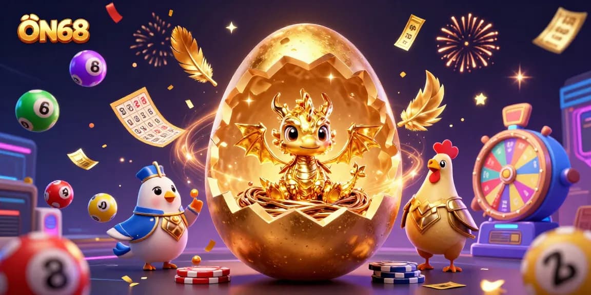 Experience the excitement of ON68 with a golden dragon celebrating wins amid vibrant lottery and casino elements.