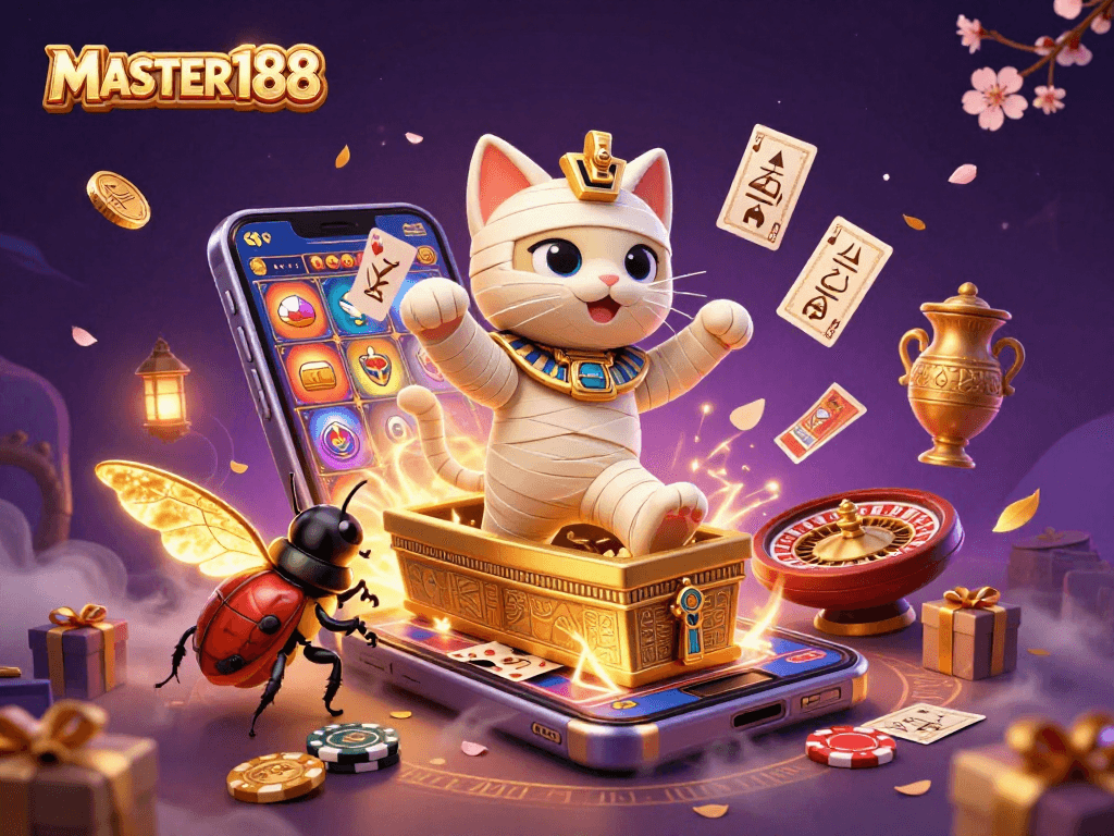 Experience exciting games at MASTER188 Casino, featuring a mummy cat and dynamic slot action.