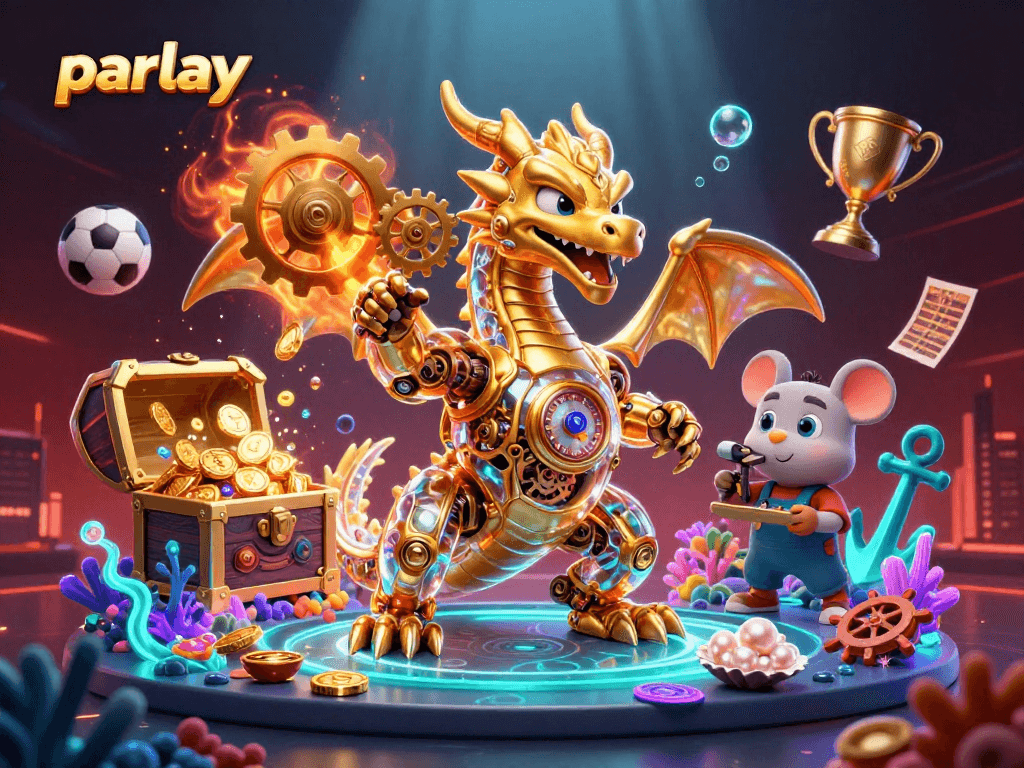 Experience thrilling parlay betting in this dynamic 3D scene filled with sports elements and vibrant energy.