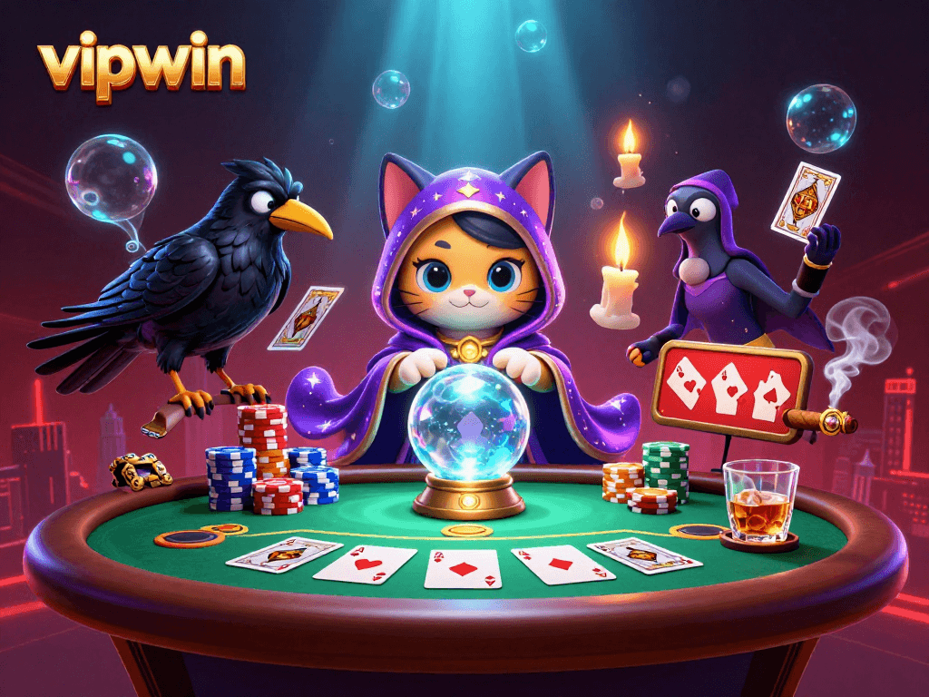 Experience vipwin's vibrant online casino world with a playful illustration showcasing 3D characters and dynamic gaming elements.