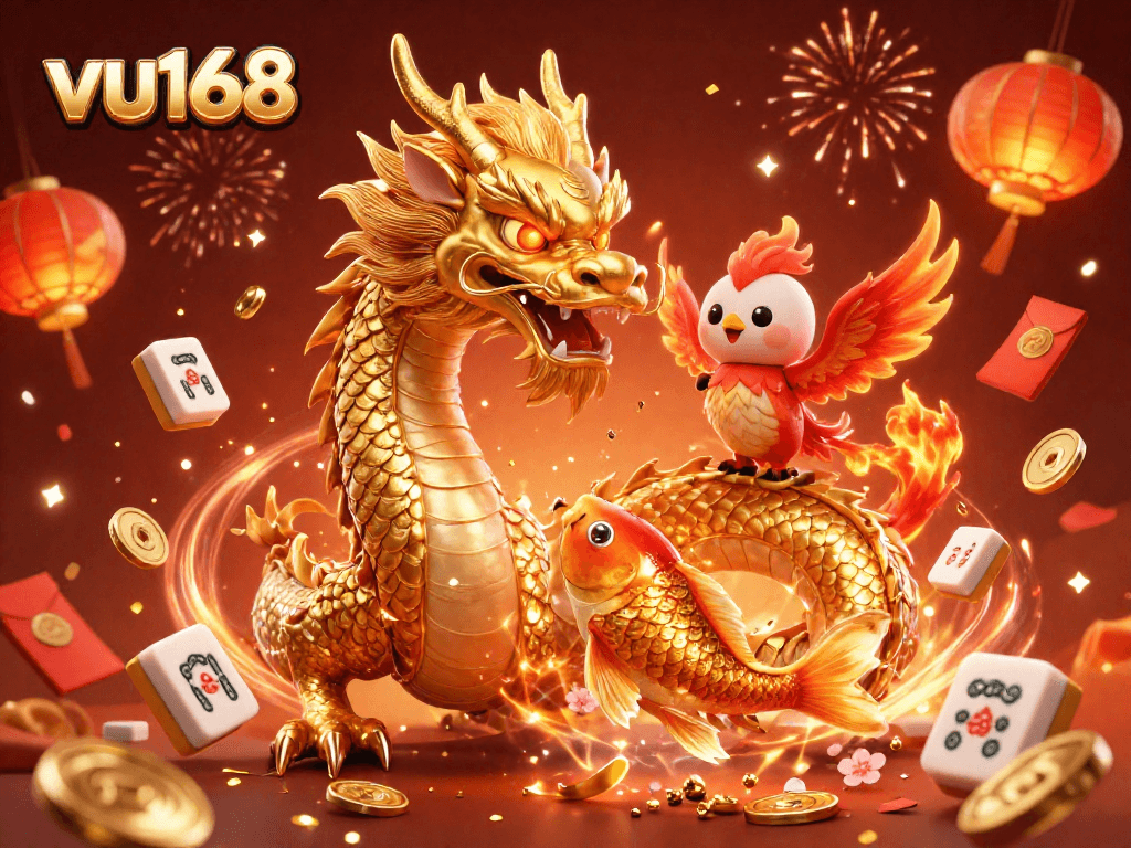 Engage with exciting gambling adventures on vu168 featuring a golden dragon, phoenix, and koi fish.