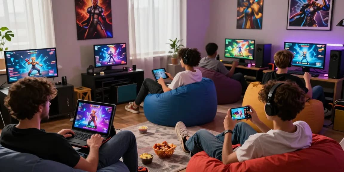 Players enjoying an immersive online porn game experience in a cozy living room with vibrant gaming visuals.