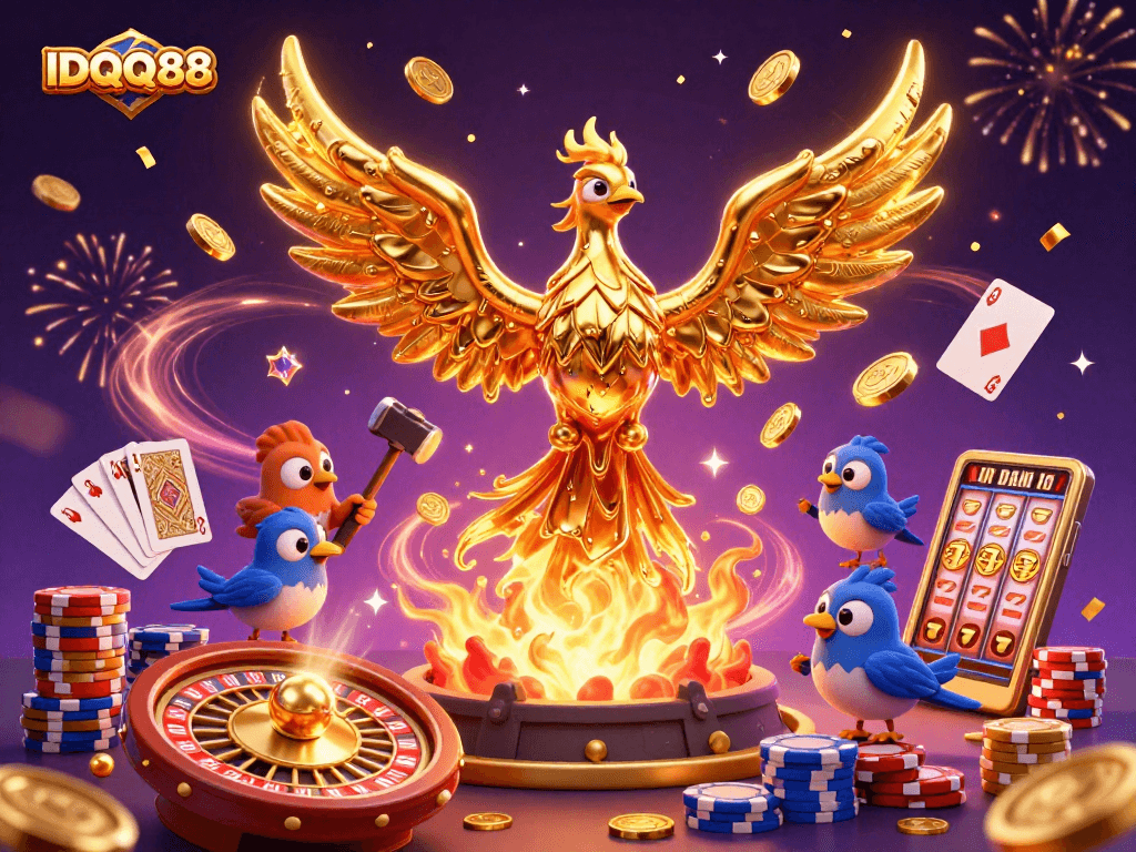 Experience the thrill of IDQQ88 with a golden phoenix and vibrant casino elements.
