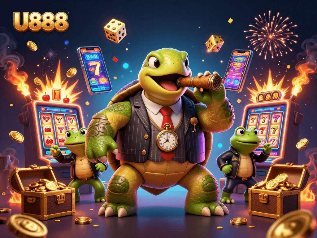 U888 offers a lively casino scene with a snapping turtle and bullfrog enforcers celebrating big wins.