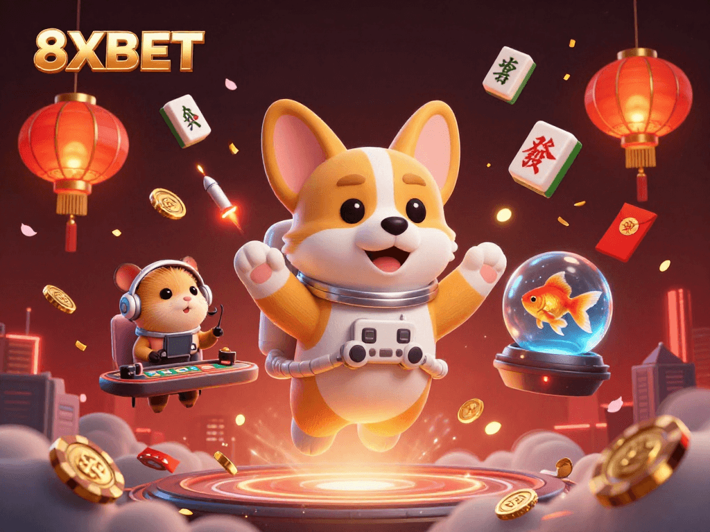 Engage in thrilling games at 8XBET with floating coins and festive atmosphere in this vibrant casino scene.