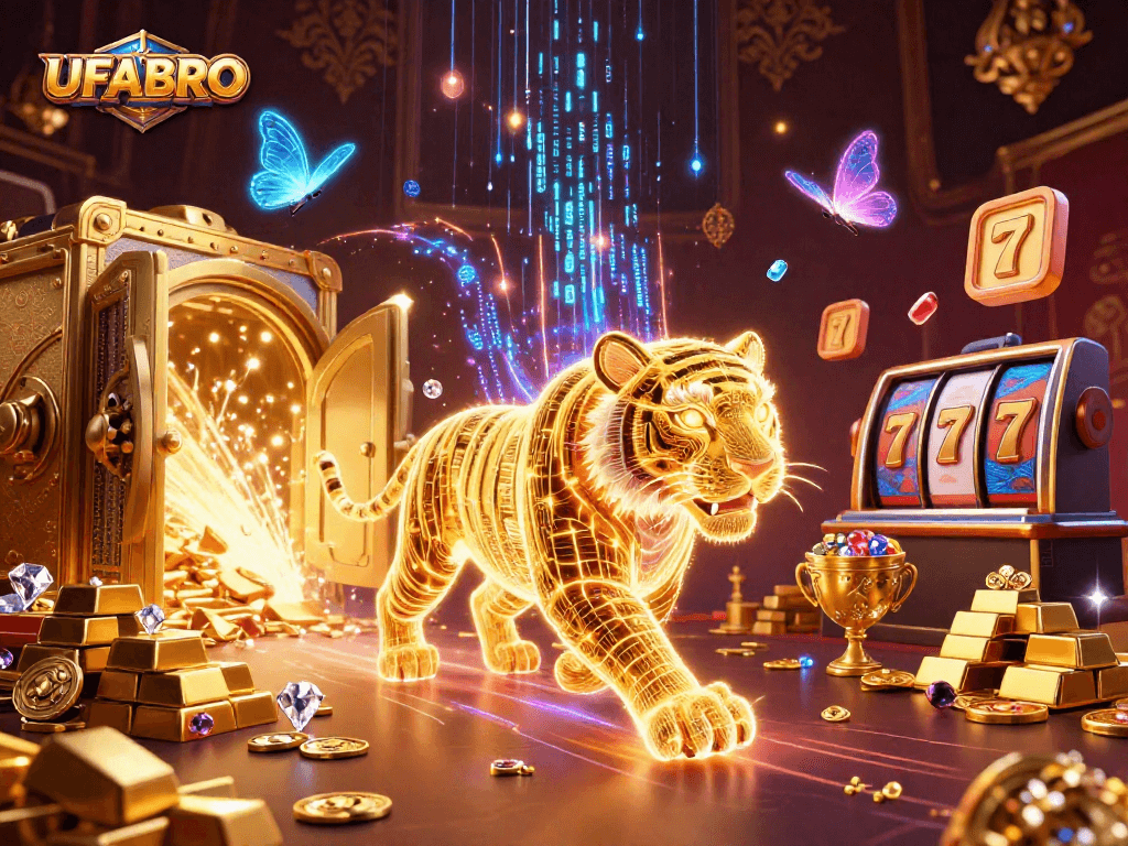 Experience thrilling UFABRO casino action as a golden tiger and holographic butterflies thrive amid riches.