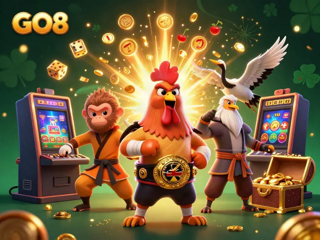 Exciting GO8 casino illustration with characters celebrating a jackpot win in a vibrant casino scene.
