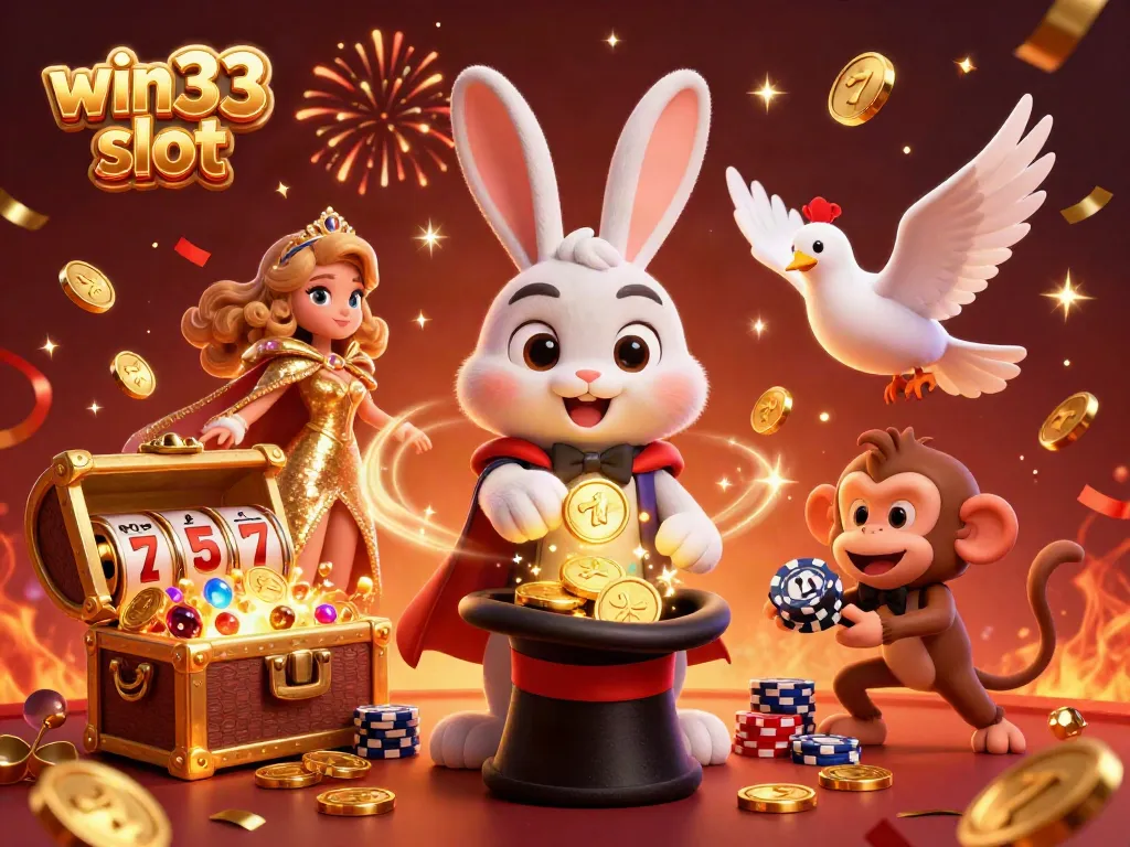 Engage with win33 slot by observing a whimsical scene of a magician rabbit and friends amidst an explosion of casino elements.