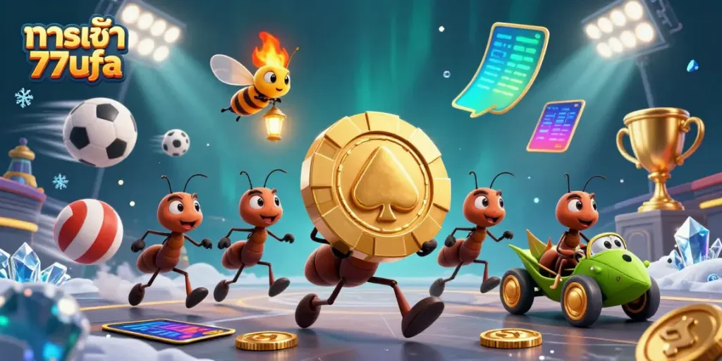 Engage with ทางเข้า 77ufa in a lively 3D casino heist scene featuring ants, sports elements, and dynamic action.