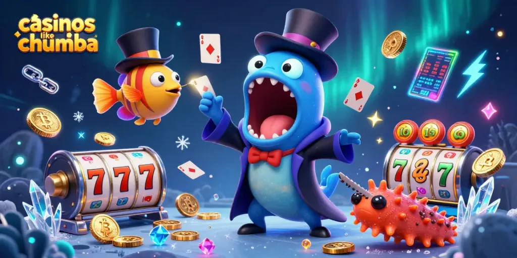 Engage with casinos like Chumba showcasing slots, neon crypto coins, and whimsical characters in magic-themed action.