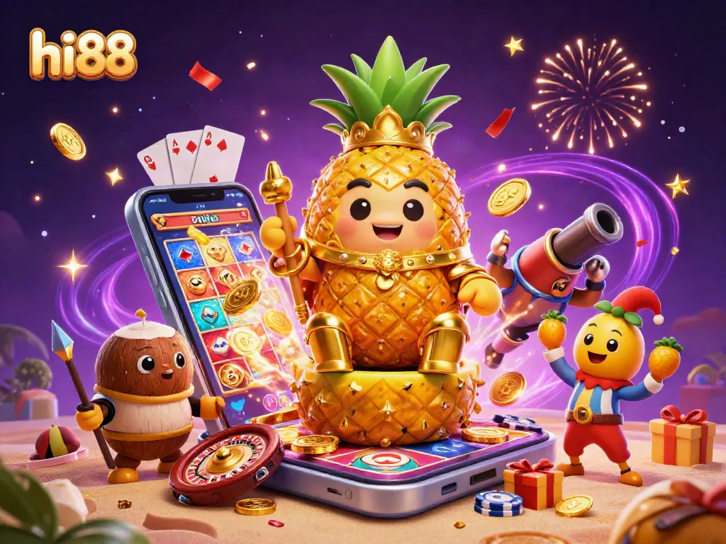Experience the excitement of hi88 casino with the golden pineapple king and lively beach-themed elements.