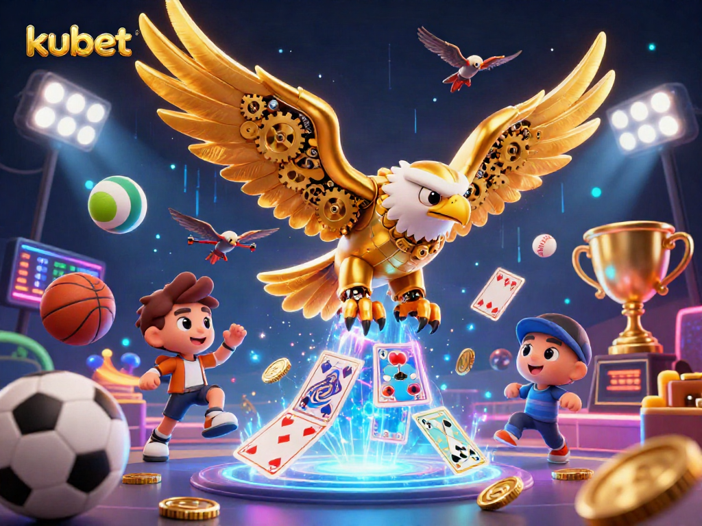 Kubet casino's vibrant scene featuring a golden eagle diving through holographic cards amidst dynamic sports elements.