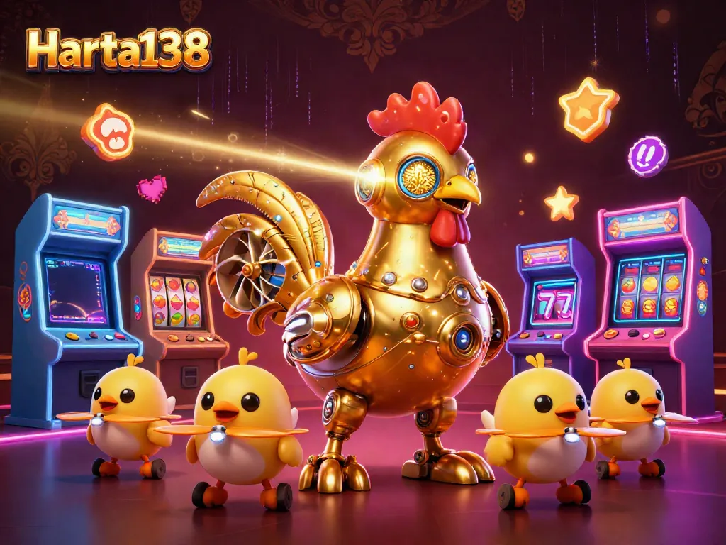 Harta138 hadir dengan visual menarik dari robot ayam emas futuristik dalam suasana slot gacor.
